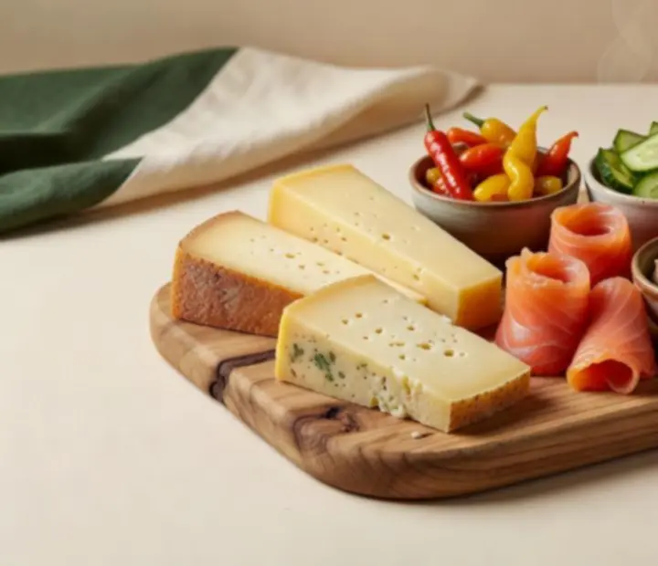 Gourmet előételek fa tálalón, sajtokkal és zöldségekkel