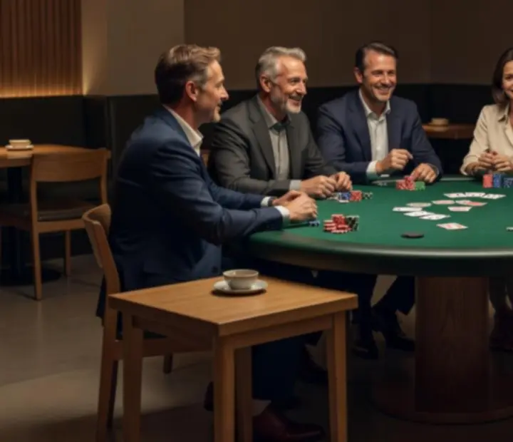 Vendégek egy elegáns étteremben, zöld posztóval borított asztalnál, imitált pókerhangulattal